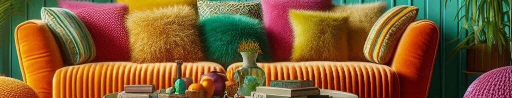 Create a vibrant image for a retro interior design blog called "Comfy Colorful Spaces." The blog focuses on casual, comfortable, and colorful home decor. Imagine a living room scene. The style is 1970s-inspired, but with a modern twist. Use bold, saturated colors like orange, avocado green, and mustard yellow. Feature a large, comfy sofa with patterned cushions. Add a shag rug and a funky coffee table. Include plants and interesting lighting. The image should feel inviting and cheerful. It should appeal to young adults who love retro design. Aim for a high-resolution image with a slightly dreamy, soft focus. The mood is happy and relaxed. No people should be in the image. The image should evoke feelings of nostalgia and comfort.