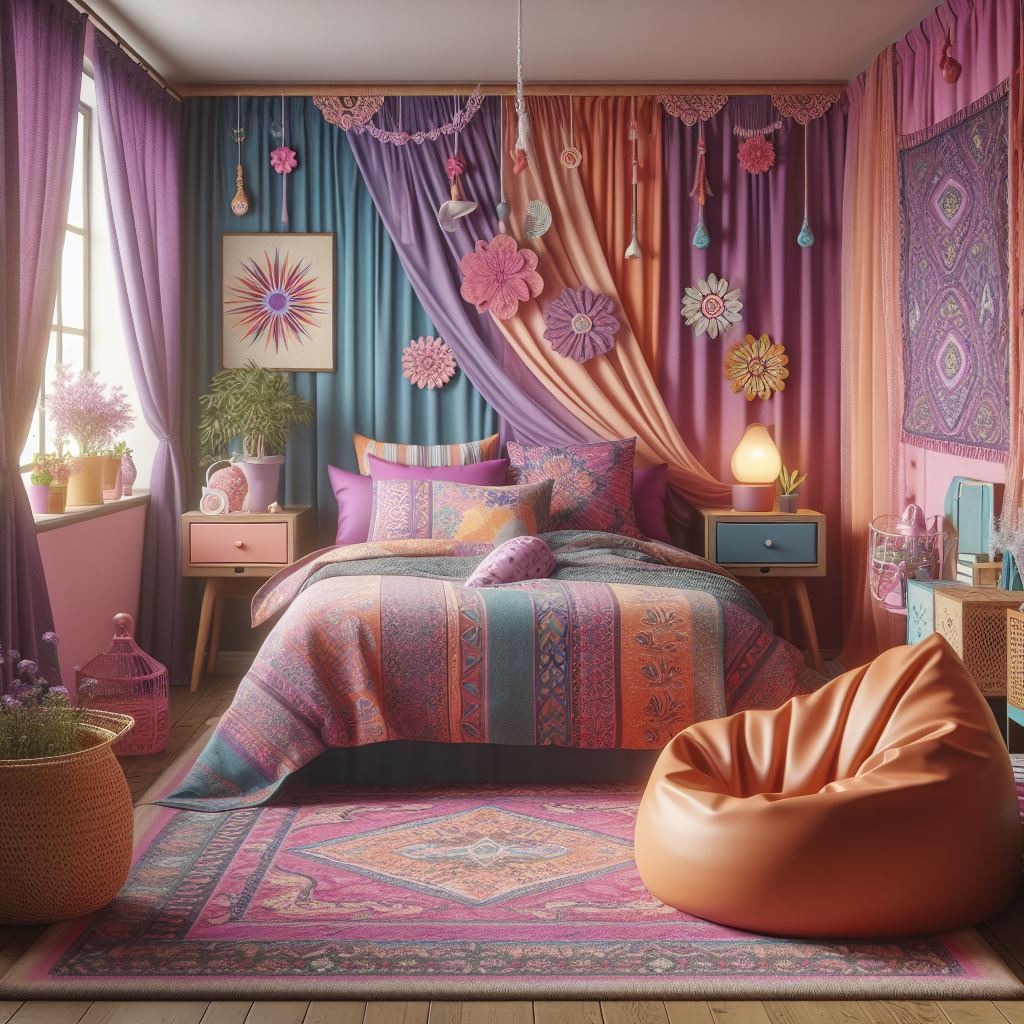 Bohemian bedroom with a bed dressed in a colorful, patterned quilt, draped curtains, and decorative wall hangings.