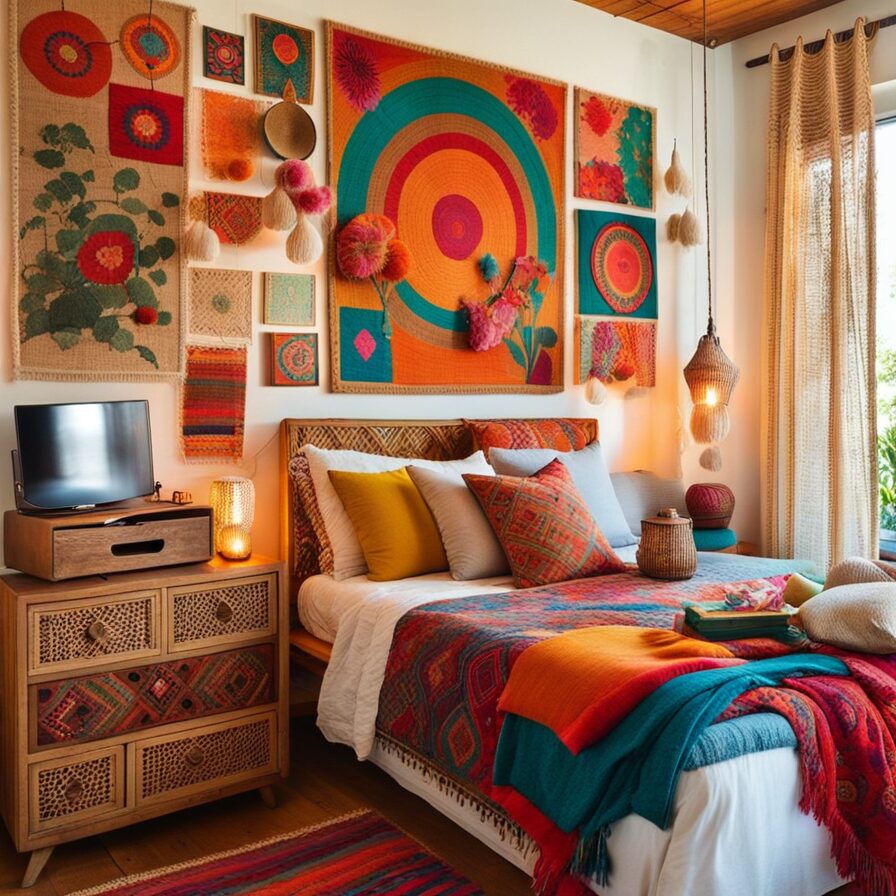 Colorful bohemian bedroom with vibrant wall art, a bed dressed in patterned textiles, and a wooden chest.