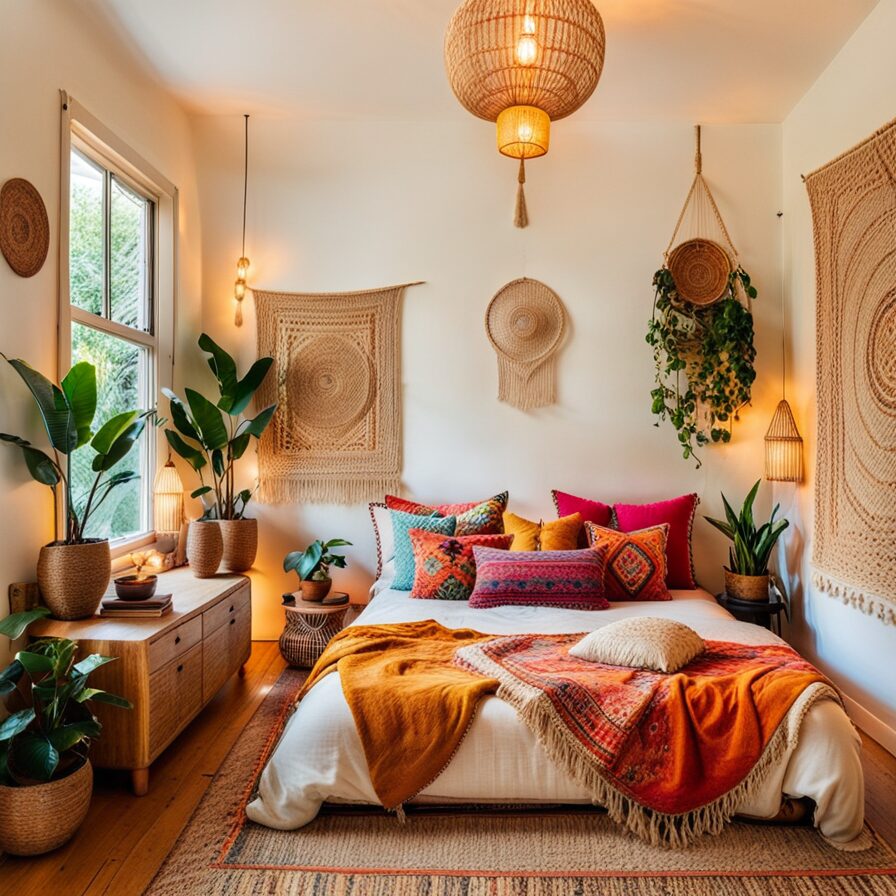 Bohemian bedroom with a large bed, colorful throws, and woven wall art, featuring plants and natural light.