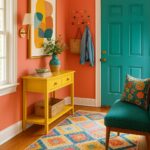 bright entryway with teal door and peach walls and yellow entry table