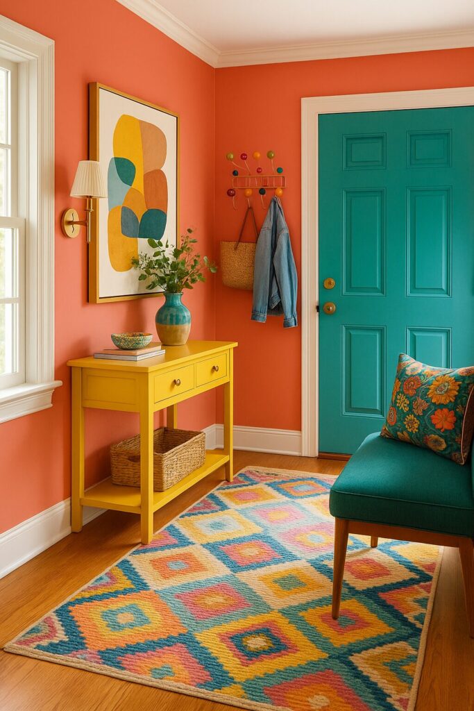 bright entryway with teal door and peach walls and yellow entry table
