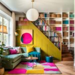 lime paneled staircase with teal sectional and retro details of 60s 70s