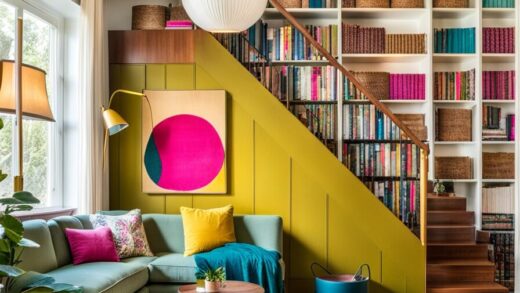 lime paneled staircase with teal sectional and retro details of 60s 70s