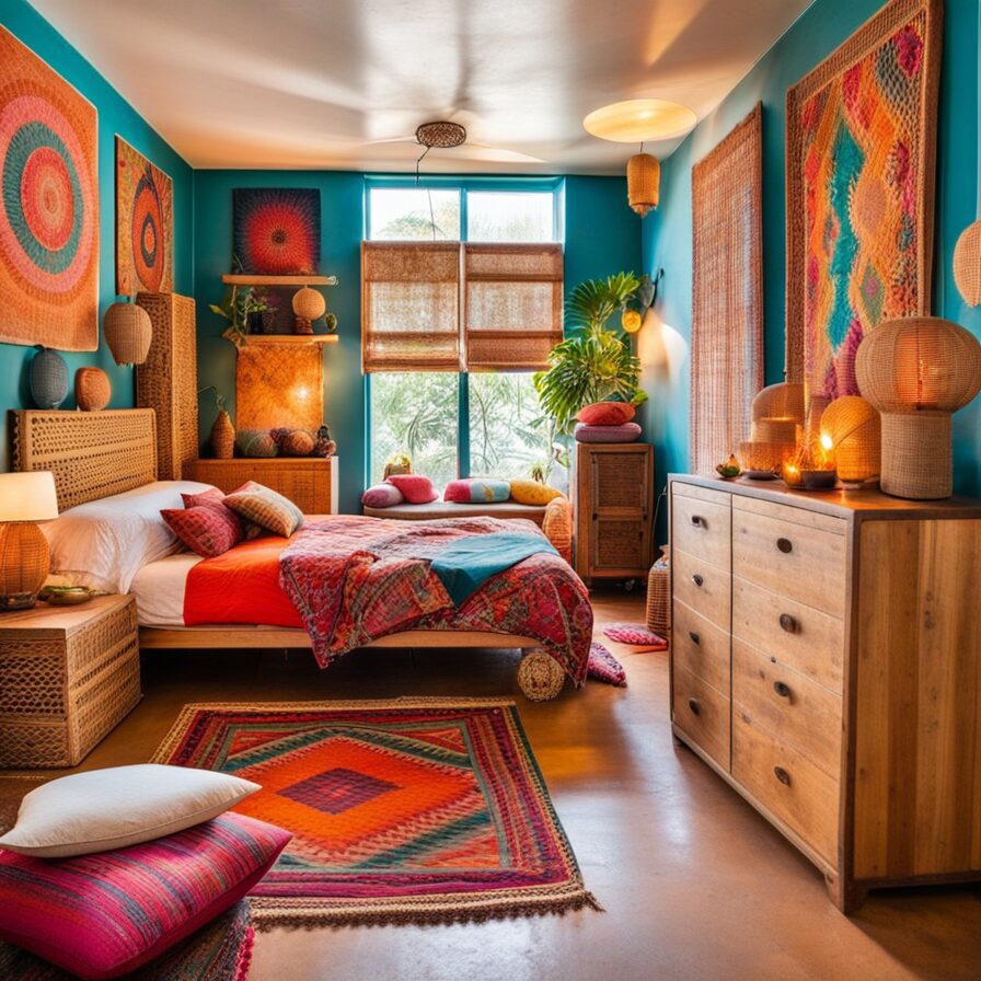 Bohemian bedroom with teal walls, colorful textiles, woven furniture, and a large window.