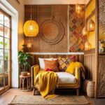 boho cozy nook with yellow accents and blankets