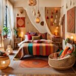 Bohemian bedroom with a bed dressed in a colorful striped quilt, patterned pillows, and a woven rug; wall decor features woven panels, hanging tassels, and artwork.