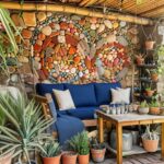 A cozy outdoor seating area with a blue couch and decorative pillows.Colorful stone art on the wall adds a unique touch to the space.