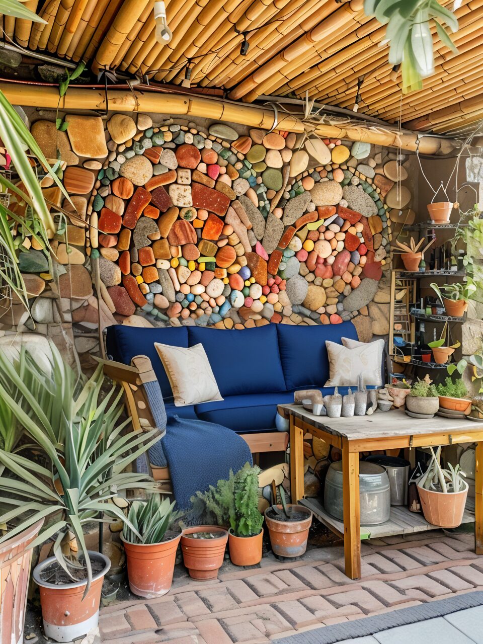 A cozy outdoor seating area with a blue couch and decorative pillows.Colorful stone art on the wall adds a unique touch to the space.