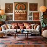 comfortable neutral color living room with wall hangings and light fixtures