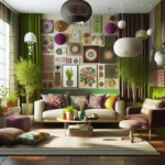 simplistic funky cozy den living room with patterns and textures ..a couches and chairs at different angles..a reading nook...and shows like an image from an interior decorating magazine,,..use bright vibrant colors of greens, fuschias, browns,blacks,yellows, oranges, purples...consider some plants but not overly.