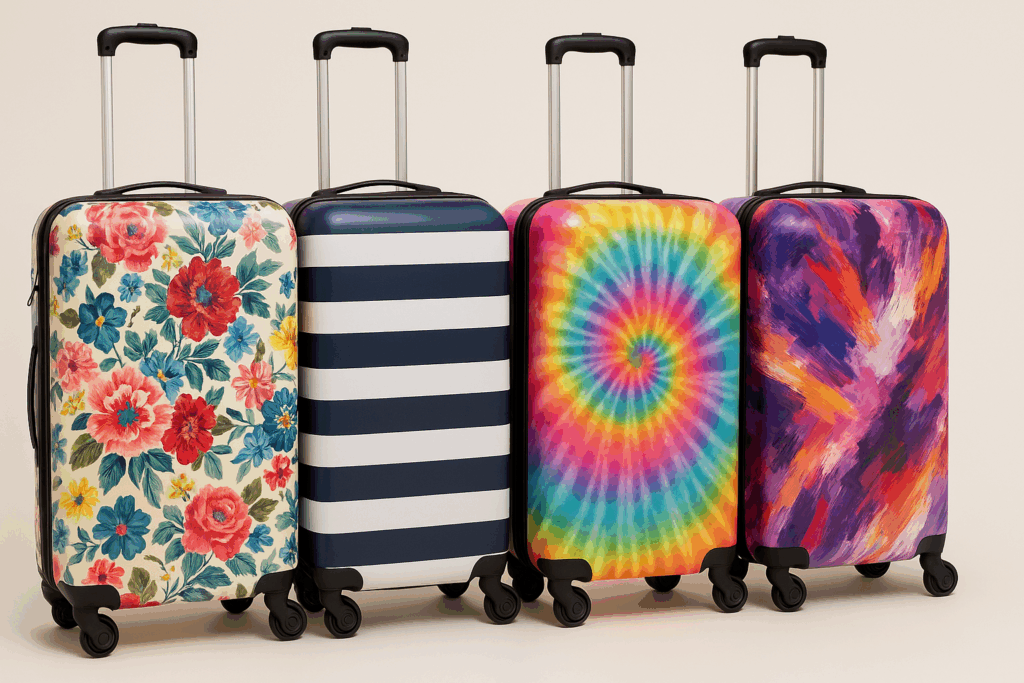 mage of realistic looking luggage.... like from a catalog of floral, stripes, tye die, abstract, pinks, blues, reds, yellows, purples, blacks, greens, white, luggage size 1200 x 700 pixels