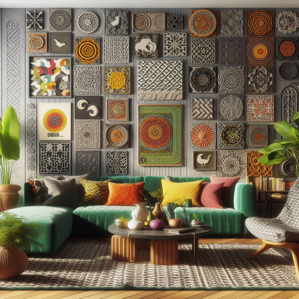 a funky eclectic living room with patterns and textures ..some wall hangings and pics but not overdone...and couches and chairs at different angles..and shows like an image from an interior decorating magazine,,..use greens, fuschias, browns,blacks,yellows, oranges,greys...consider some plants but not overly...make image fit in wp blog sz wise and consider featured image too