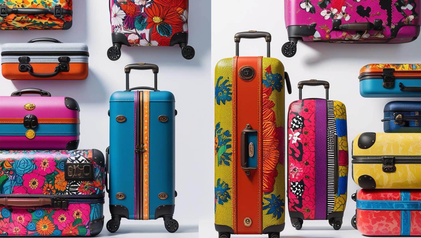 mage of realistic looking luggage.... like from a catalog of floral, stripes, tye die, abstract, pinks, blues, reds, yellows, purples, blacks, greens, white, luggage size 1200 x 700 pixels