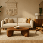 modern boho luxe furniture style with cream sofa and wooden rattan chair and abstract coffee table...
