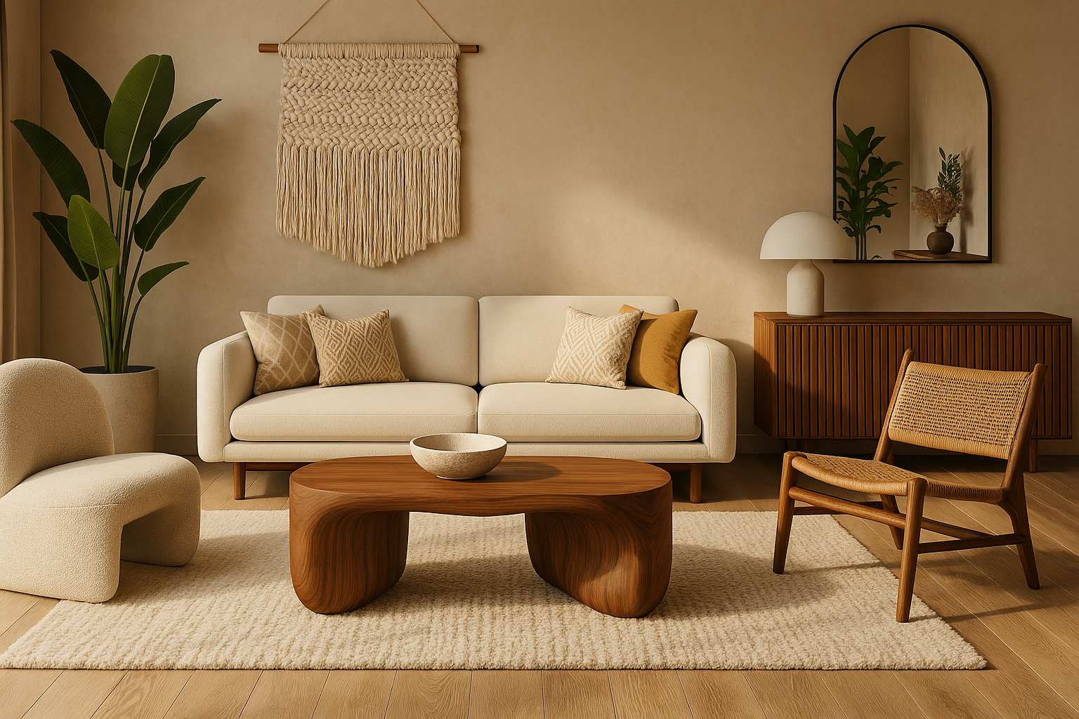 modern boho luxe furniture style with cream sofa and wooden rattan chair and abstract coffee table...
