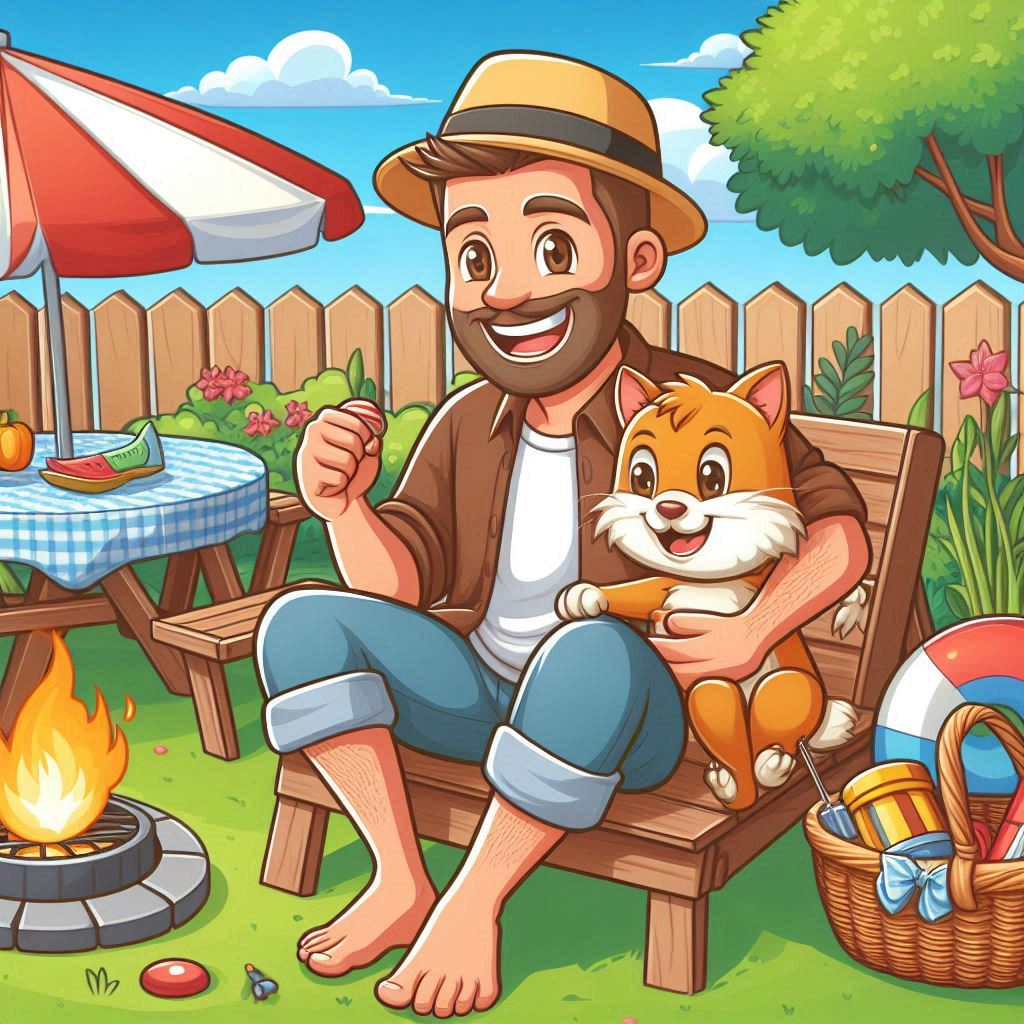 dad with a cat enjoying the backyard-cartoon image