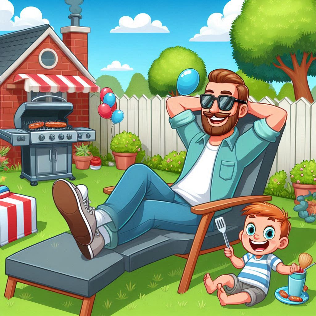 dad and young son cartoon image outdoors in the backyard for Fathers day