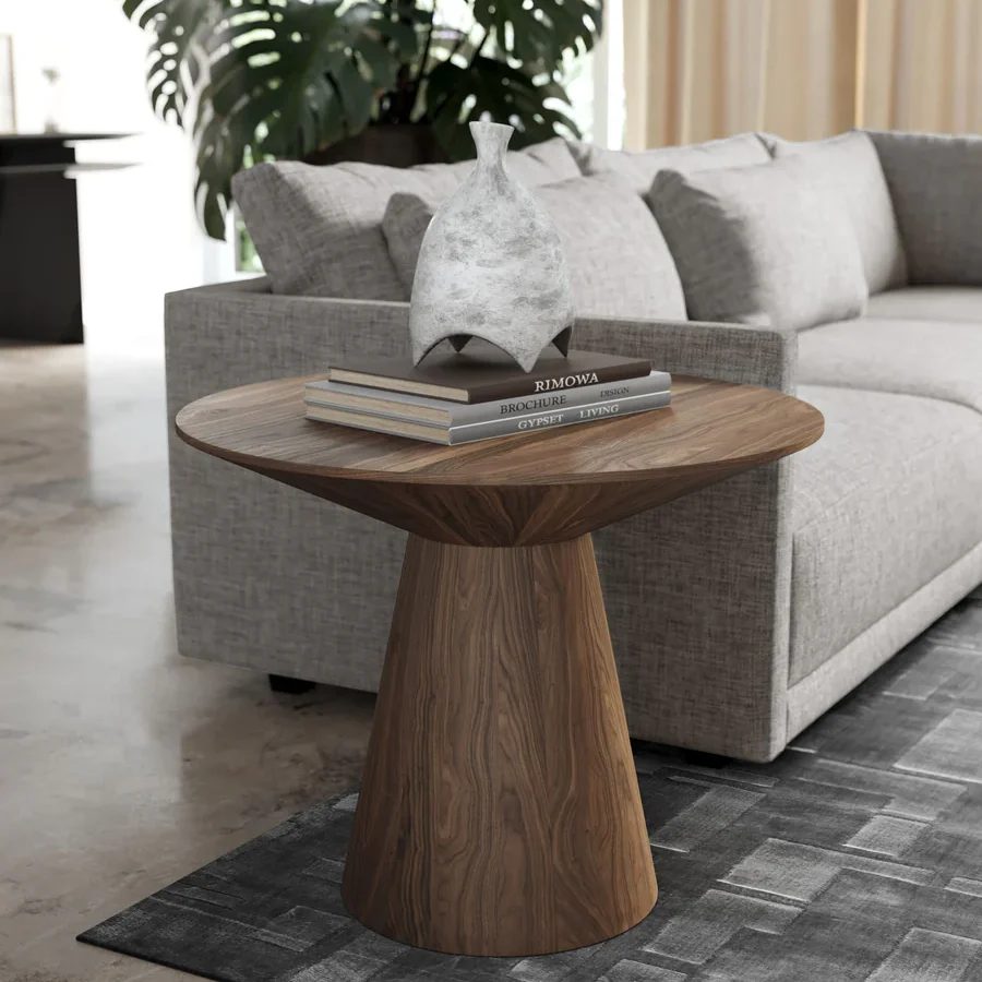 small brown round natural looking high end side table