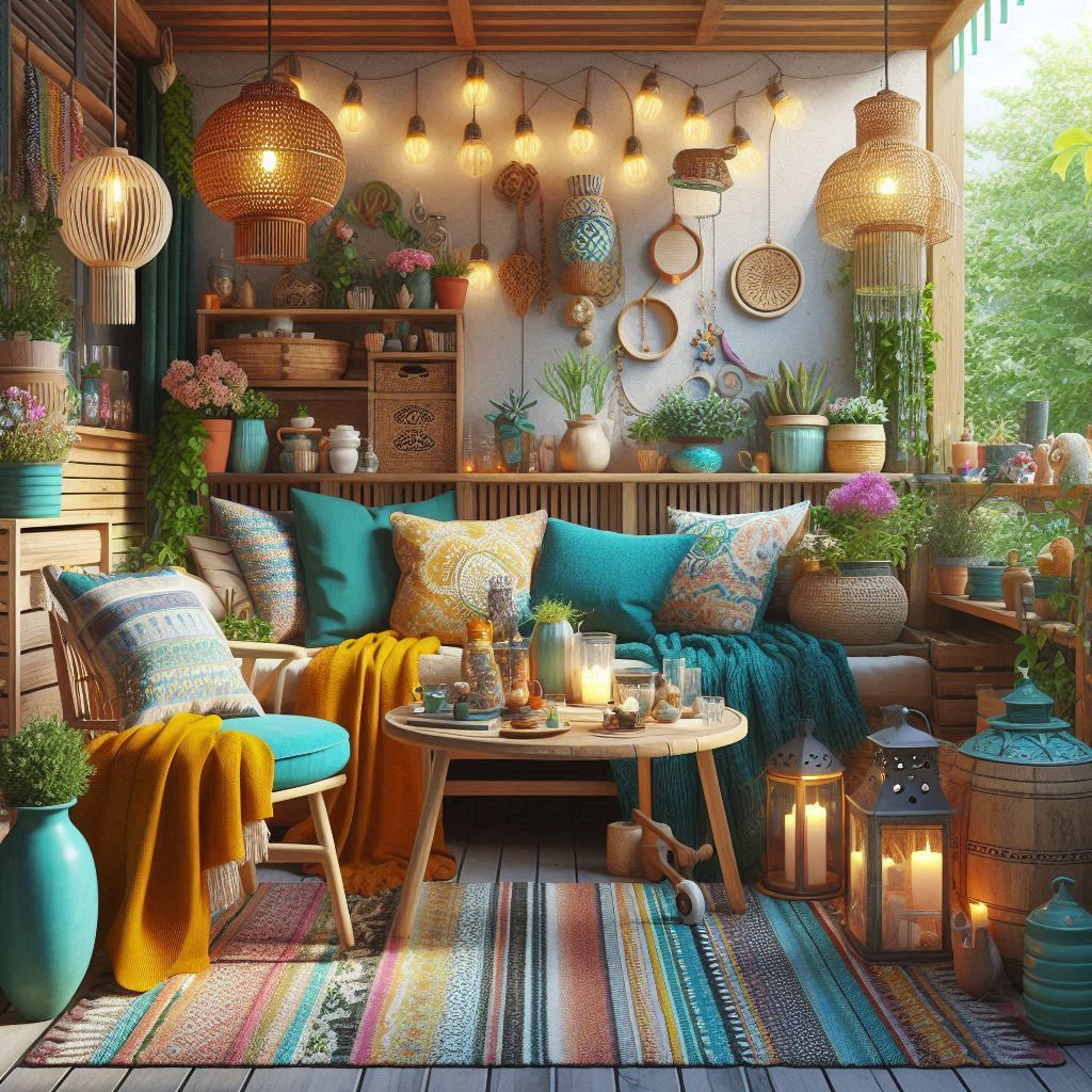 boho decor outside space with lights