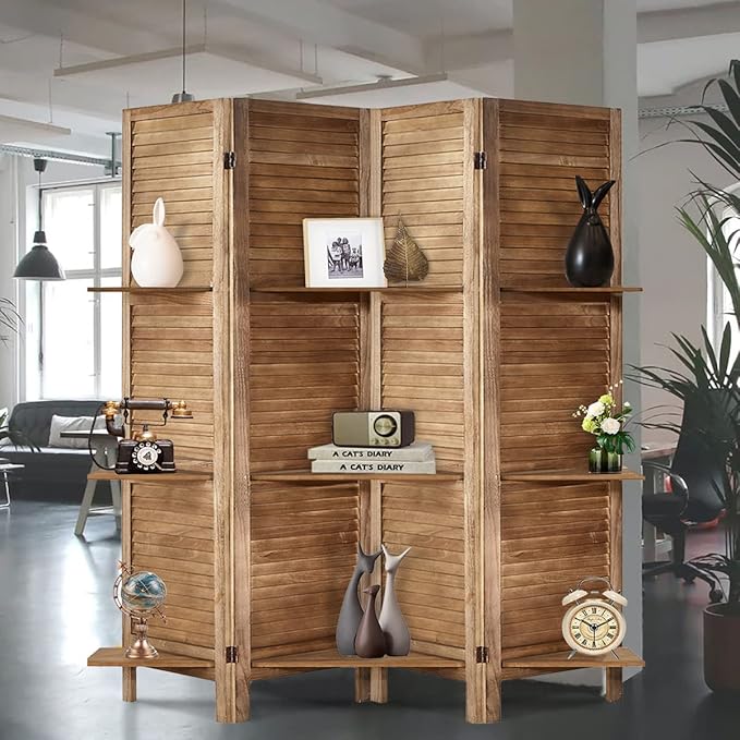 brown wooden room divider with small shelves