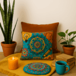 hippie subtle comfy pillow and candle and tea cup in teal and mustard yellow colors