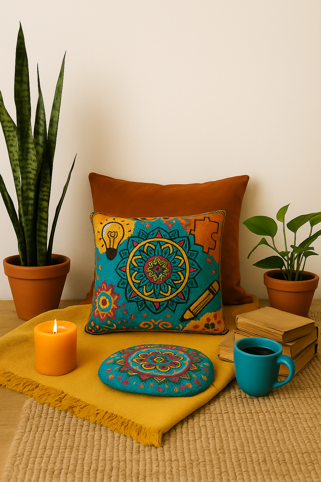hippie subtle comfy pillow and candle and tea cup in teal and mustard yellow colors