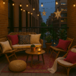outdoor balcony boho space in evening with hanging lights