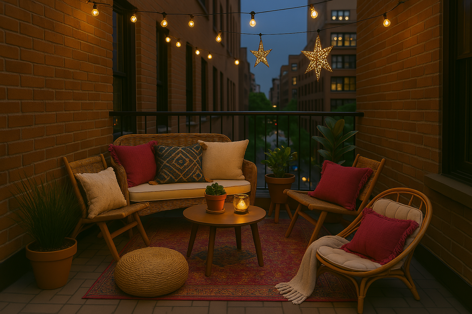 outdoor balcony boho space in evening with hanging lights