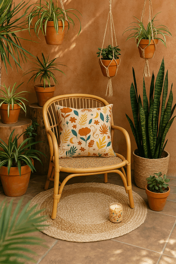 boho chair with throw pillow and candle