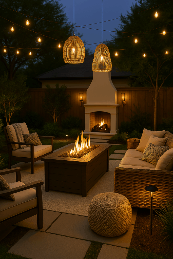 modern backyard patio with fireplace and lighting