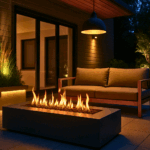 outdoor image of patio with firepit and lighting with a modern look