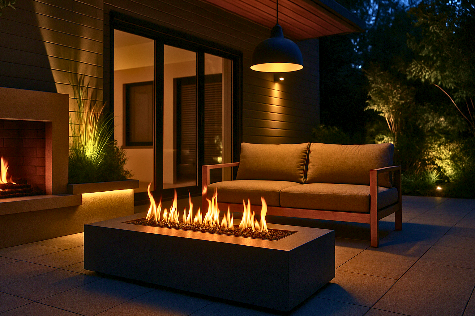 outdoor image of patio with firepit and lighting with a modern look
