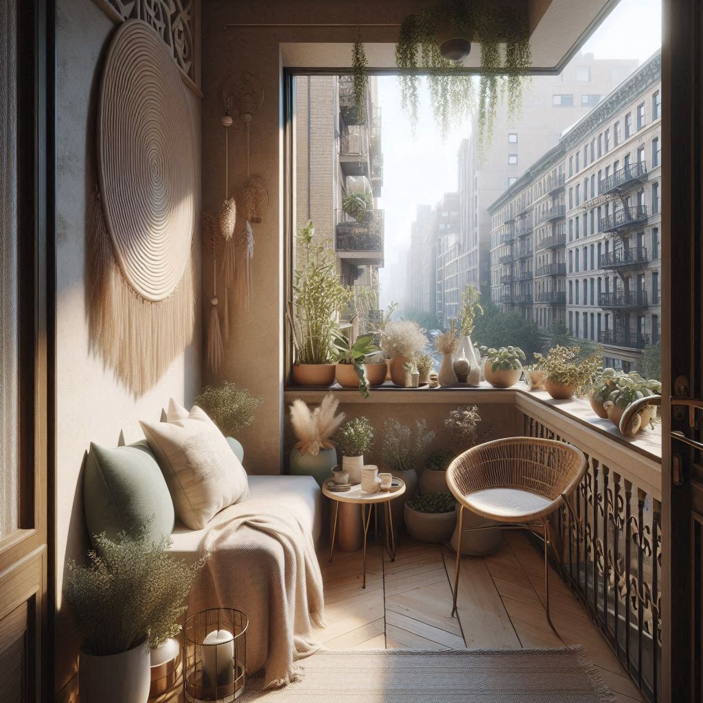 boho decorated balcony in city