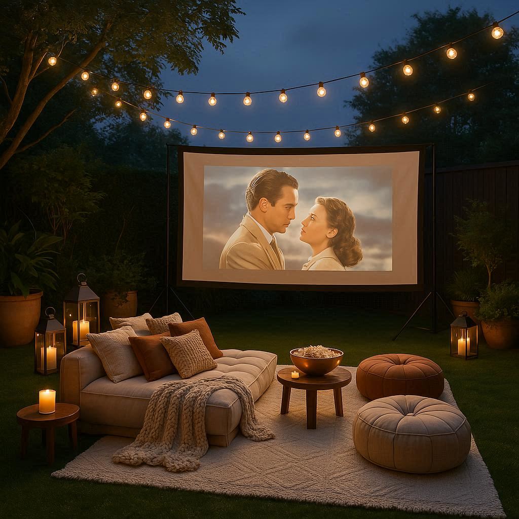 outdoor movie screen with cozy furniture and hanging lights