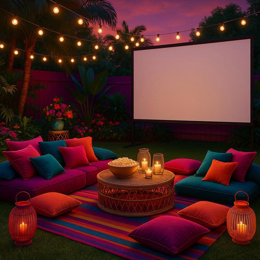 brightly colored outdoor furniture with string lighting and a big outdoor movie screen