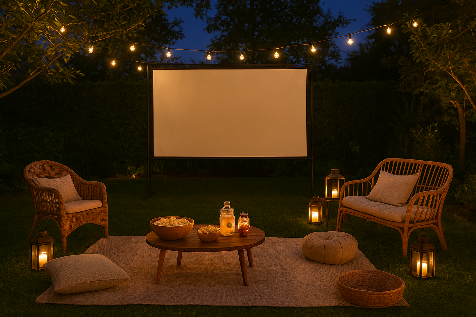 outdoor cozy theatre with big screen and 2 cozy chairs